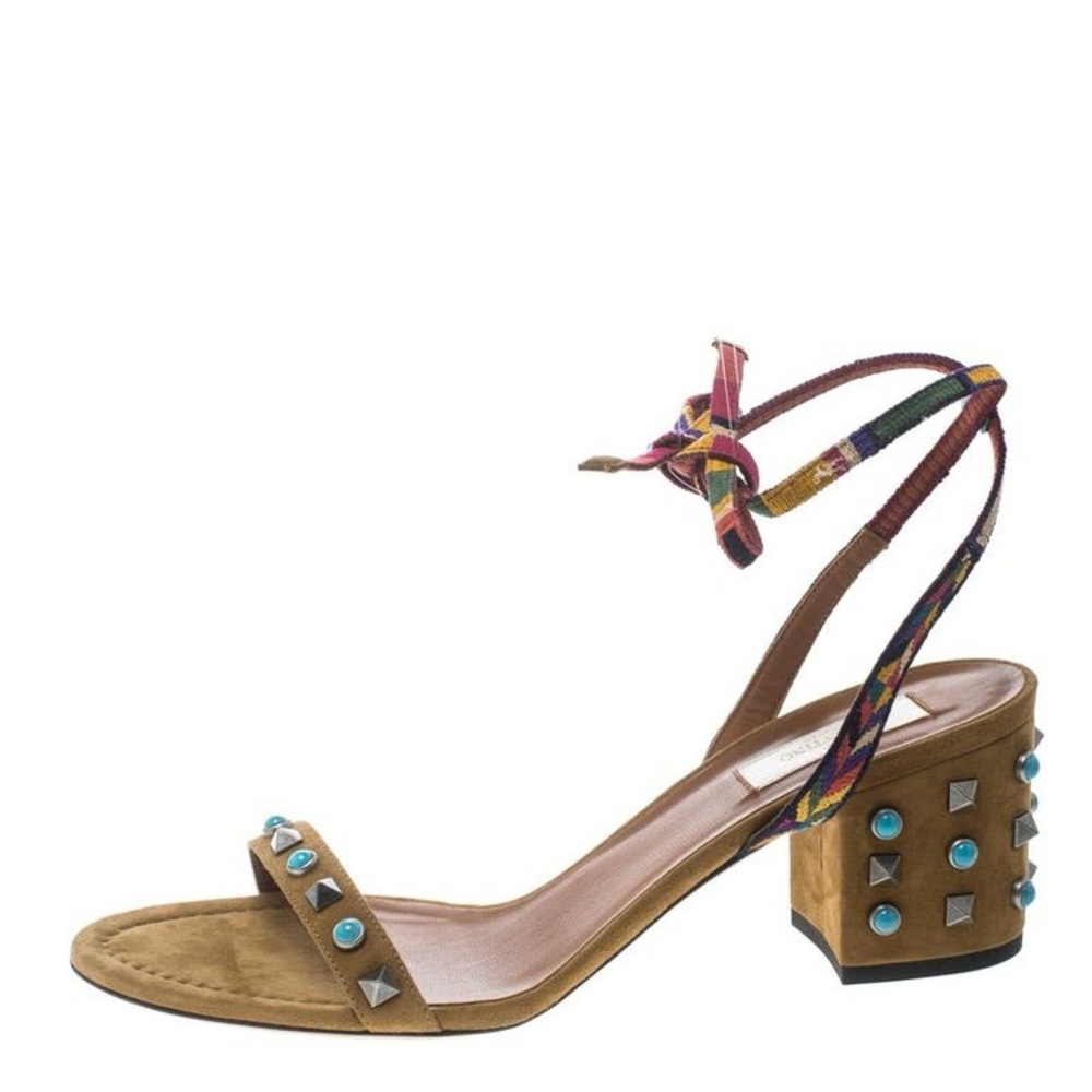 Valentino Garavani Rockstud Tie-strap Block Heels In Brown Suede